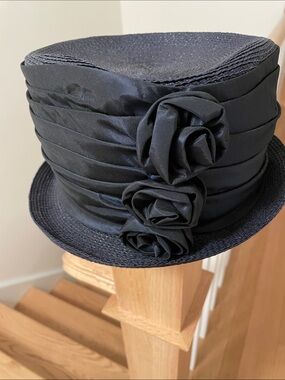 Navy Blue Structured Dress Hat with Rosette Trim